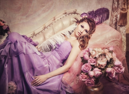 Beauty - feather, flower, rose, pink, beauty, model, sofa, purplw, girl, dress, diana lipkina, woman