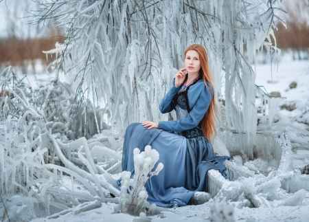 Winter beauty - white, winter, diana lipkina, ice, redhead, blue, snow