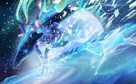 Hatsune Miku - whale, anime, water, summer, mr j w, girl, hatsune miku, manga, deer, vara