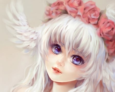 Angel - beauty, angel, blue eyes, wreath, rose, face, white, art, pink, wing, anime, flower, manga, red priest usada