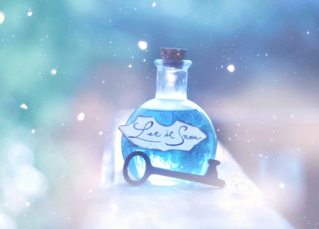 Let it snow - key, winter, bottle, blue, snow, wish, white, arefin03, glass