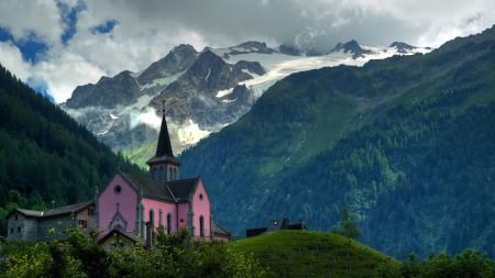 Swiss Alps - sky, forest, church, clouds, mountains