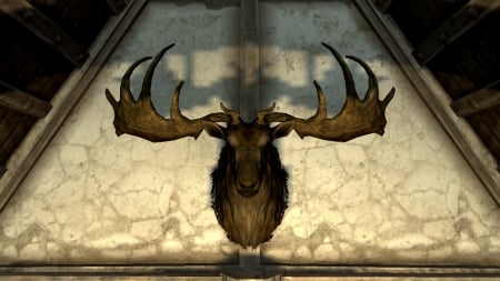 Skyrim Ambient 1 - Tavern, Head, The Elder Scrolls V, Whiterun, The Bannered Mare, The Elder Scrolls, Ambient, Funny, Game, Elk, Antlers, Nice, Hunters Trophy, Trophy, Inside, 3D, Ego Perspective, Screenshot, Skyrim