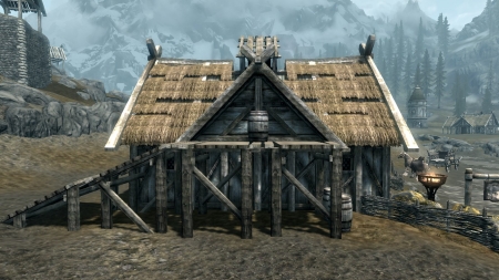 Skyrim Impression 1 - The Elder Scrolls V, Whiterun, Barrel, Farm, Whiterun Stables, The Elder Scrolls, House, Horses, Outside, Game, Horse, Mill, Nice, Carriage, 3D, Ego Perspective, Screenshot, Stables, Skyrim, Scenery