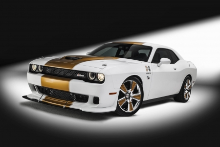 2016-Dodge-Challenger-Hurst-Conversion 1 - white, mopar, gold stripe, hurst