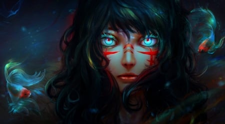 Darkness - art, girl, warrior, eyes, fishes, darkness