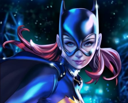 Batgirl - batgirl, crisdelaraart, girl, frumusete, fantasy, face, art, pink, luminos, blue