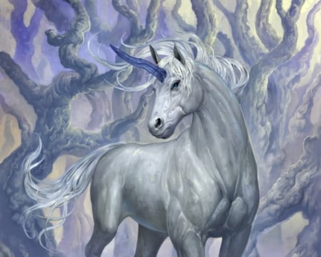 Unicorn - beauty, douzen, frumusete, fantasy, white, forest, horse, luminos, blue, animal, unicorn