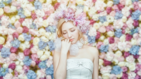 Bride - woman, beauty, bride, asian, model, white, pink, blue, flowers, flower