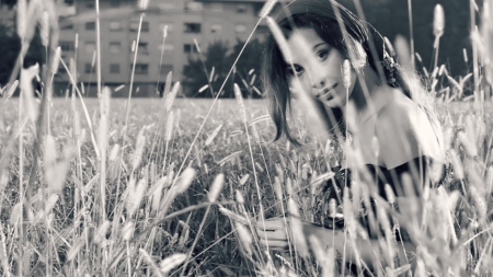 Madalina Ghenea - summer, black, model, bw, madalina ghenea, girl, white, field, woman