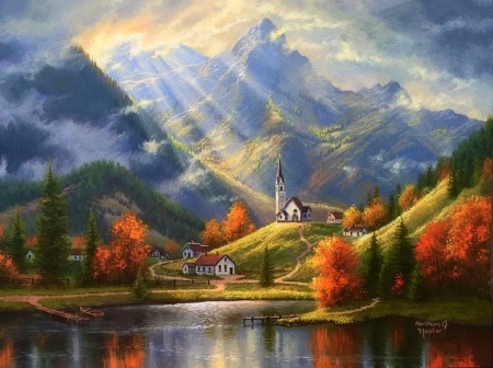 Autumn Valley - attractions in dreams, rays light, autumn, valley, trees, villages, animals, mountains, nature, lakes, love four seasons, paintings, colors, fall season