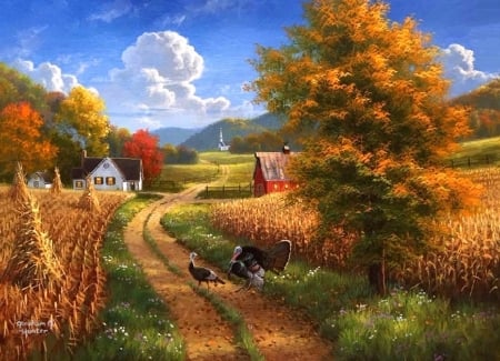 Season to be Thankful - fields, attractions in dreams, autumn, trees, animals, thanksgiving, nature, love four seasons, turkeys, paintings, colors, farms, fall season