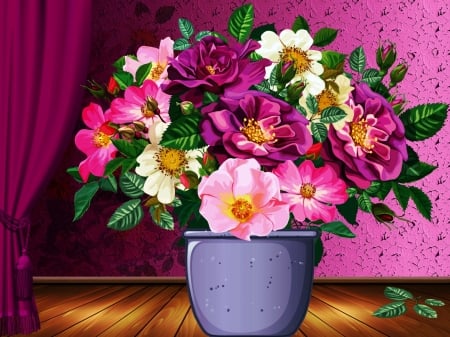 Pot Of Flowers - Curtain, Flowers, Colorful, Stage