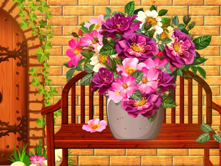 Beautified Wall - Summer, Flowers, Bench, Wall of House