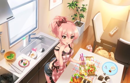 Which Should I Eat First - nice, bento, kitchen, female, delicious, anime girl, sushi, home, box, pretty, table, anime, plant, food, house, nch, scene, lunch, adorable, girl, sink, apron, lovely, hd, chair, kawaii, sweet