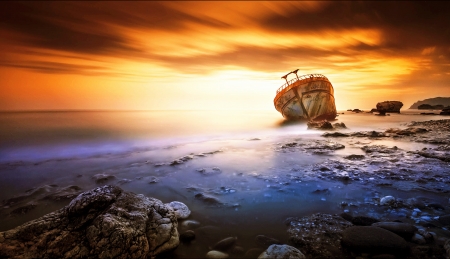 Eternity - sky, beach, orange, boat, rocks