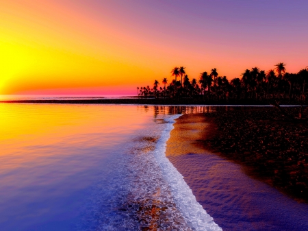 Tropical Beach - tropics, trees, sunset, nature, sea, sand, palm