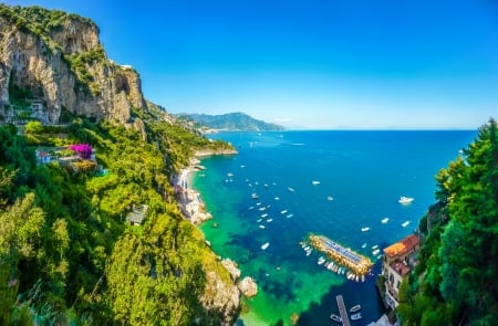 Capri - summer, horizons, town, blue, island, sailing, view, sky, greenery, mediterraneo, vacation, sea, rest, village, boats, Italy, Capri, rocks