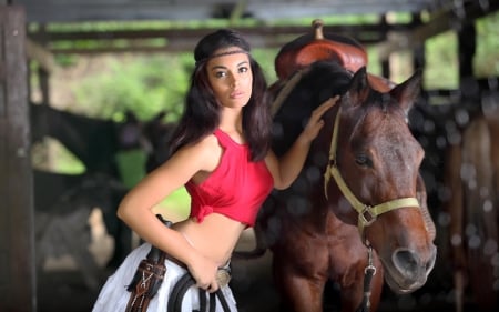 Cowgirl with horse - lady, horse, cowgirl, beautiful, brunette