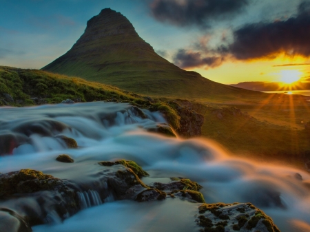 Mountain Falls - clouds, nature, waterfall, rays, sunrise, mountain, rocks