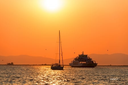 Beautiful sunset - sunset, summer, boat, vacantion, sea, travel