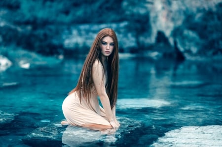 Hypatia - water, blue, girl, beauty, hypatia, alessandro di cicco, white, woman, model