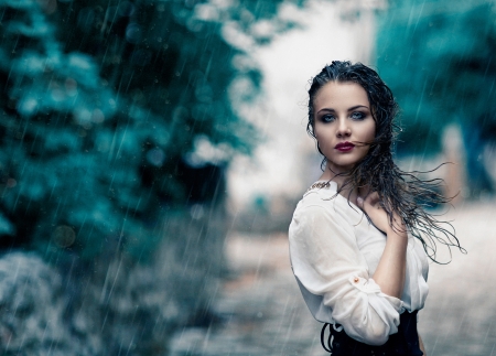 Sweet rain - white, beauty, woman, alessandro di cicco, girl, rain, blue, model