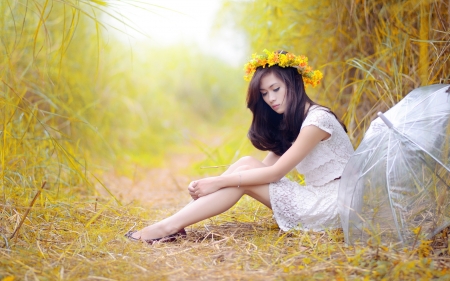 Beauty - woman, vara, girl, wreath, summer, asian, model, white, yellow, umbrella, flower