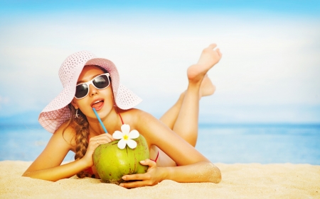 Summer treat - woman, drink, beach, girl, vara, hat, summer, sunglasses, flower