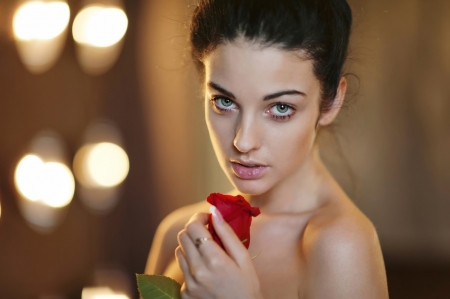 Alla Berger - woman, beauty, girl, alla berger, rose, model, face, hand, flower