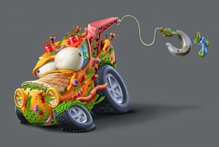 Monster car - orange, child, monster, oscar ramos, comic, fantasy, car, funny, humour, worm