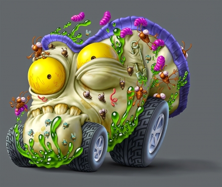 Monster car - funny, pink, monster, comic, yellow, humour, eyes, blue, worm, fantasy, car, oscar ramos, green