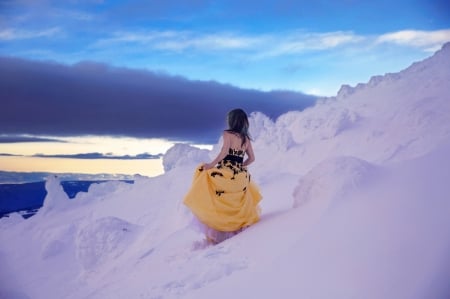 little girl - pretty, people, snow, dress, blonde, Photography, child, Walk, princess, nice, sky, kid, winter, beautiful, girl, Mountain, beauty, lovely, cool, love, sweet, baby, hair, white, cute, little