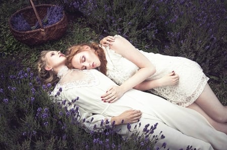 Together - women, grass, lying, model