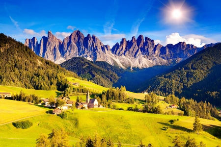 Saint Magdalena, Italy - sky, slope, italy, national park, south tyrol, sun, countryside, tyrol, saint magdalena, rocks, northern italy, view, cliffs, morning, rays, sunlight, mountain, dolomites, summer, glow, village, church, beautiful, villnoss