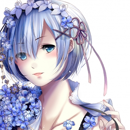 Rem - pretty, anime, kawaii, female, blue, blossom, closeup, happy, short hair, blue hair, plain, hd, face, nice, potrait, anime girl, girl, blush, simple, lovely, sweet, flower, petals, smile, white, cute, adorable, floral