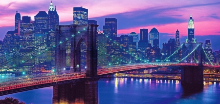 New York, Harbor Bridge - evening, city, sunset, usa, lights, skyscrapers