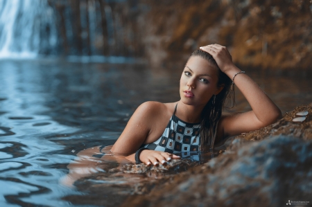 Unknown Model - babe, lady, water, model, waterfall, woman