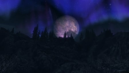 Moons of Tamriel1 - The Elder Scrolls V, Trees, Moon, Hills, Tree, Night, Scene, The Elder Scrolls, Tamriel, Hill, Screenshot, Skyrim, Game, Scenery, Aureola, Elder Srolls