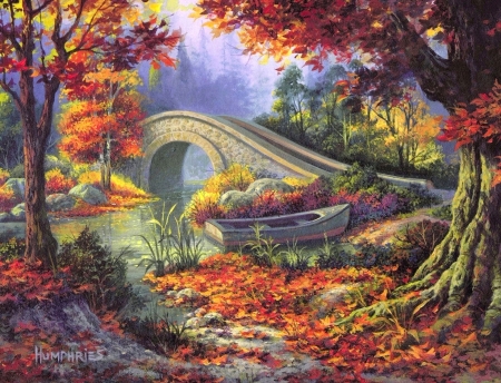 Colorful Days  - bridges, trees, attractions in dreams, paintings, boat, fall season, parks, leaves, colorful, nature, autumn, lakes, love four seasons