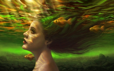 Mermaid - luminos, mermaid, jeanroux, orange, green, fish, fantasy