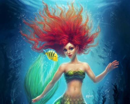 Ariel - water, yellow, ariel, girl, sea, fantasy, me-illuminated, redhead, mermaid, underwater, green, fanart, fish, disney, art, luminos