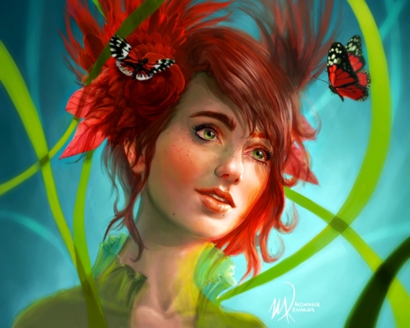 Redhead - girl, fantasy, me-illuminated, redhead, green, butterfly, face, art, luminos