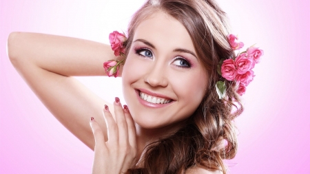 Beauty - smile, hand, woman, model, girl, beauty, face, pink