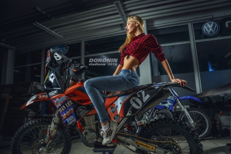 Beauty - woman, girl, jeans, red, blue, motorcycle, denis doronin, model