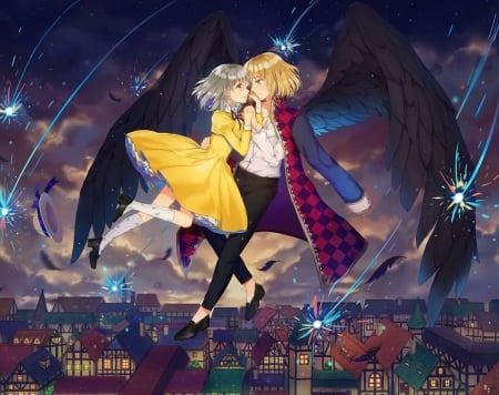 Howl and Sophie - couple, girl, guyn, howls movine castle, wings, fantasy, dangmill, yellow, feather, anime, dress, manga