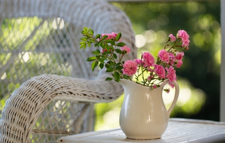 Roses - vase, summer, flower, pink, chair, white, green, rose, vara