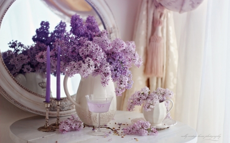 Lilacs - vase, white, mirror, lilac, spring, flower, pink, still life