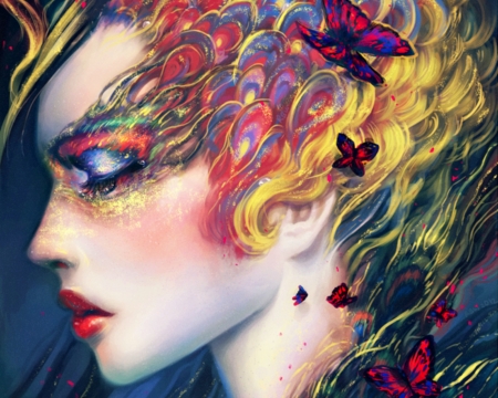 Beauty - beauty, woman, reaper-bunny, girl, fantasy, face, art, butterfly, yellow, red, blue, luminos