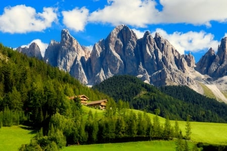 Peaks of the Odle-Geisler group in the South Tyrol, Italy - slope, sky, trees, italy, greenery, tyrol, cottages, rocks, view, south, grass, cliffs, houses, travel, landscape, mountain, hills, dolomites, beautiful, group